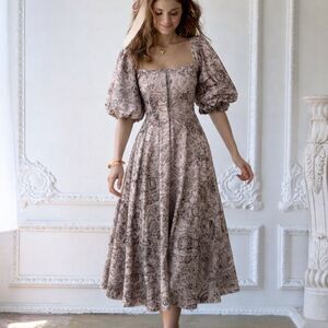 Selkie Brown Toile Day Dress XS Puff Sleeve Corset Midi EUC